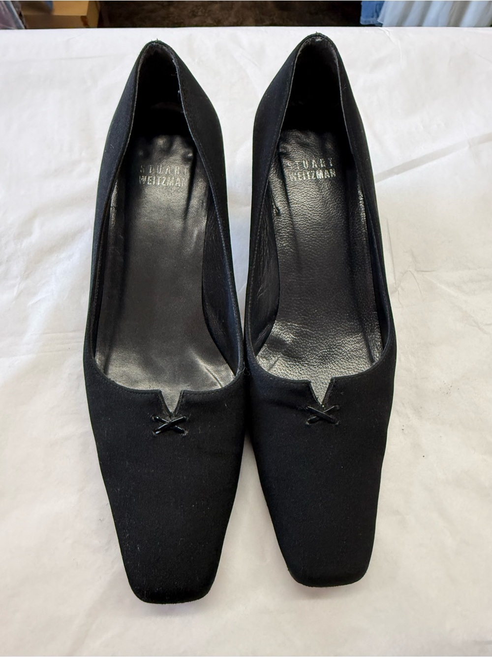 Vintage Stuart Weitzman Black Fabric Square Toe Block Heel Pumps Size 6 M